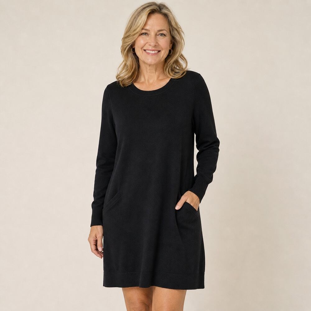 Sundance Sweater Knit Tunic Dress Women's Small Black A-Line Long Sleeve Pockets